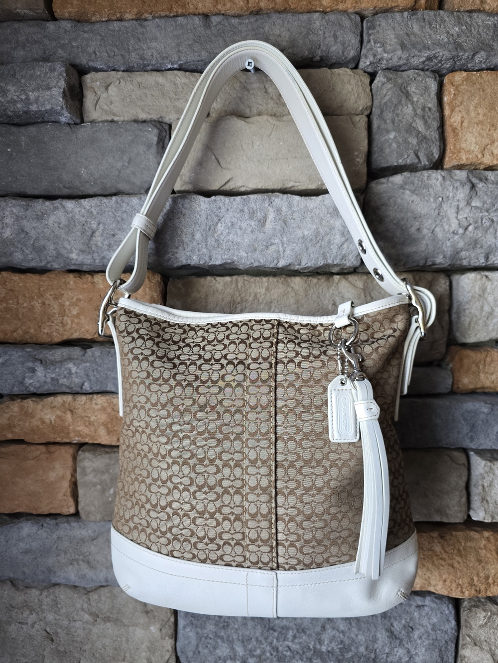 COACH F10417 Vintage Khaki Micro C Crossbody Shoulder Bag Purse Ivory Leather**